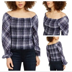 INC Smocked Blue Plaid Off Shoulder Waist Length Puff Sleeve Cotton Blouse NWOT